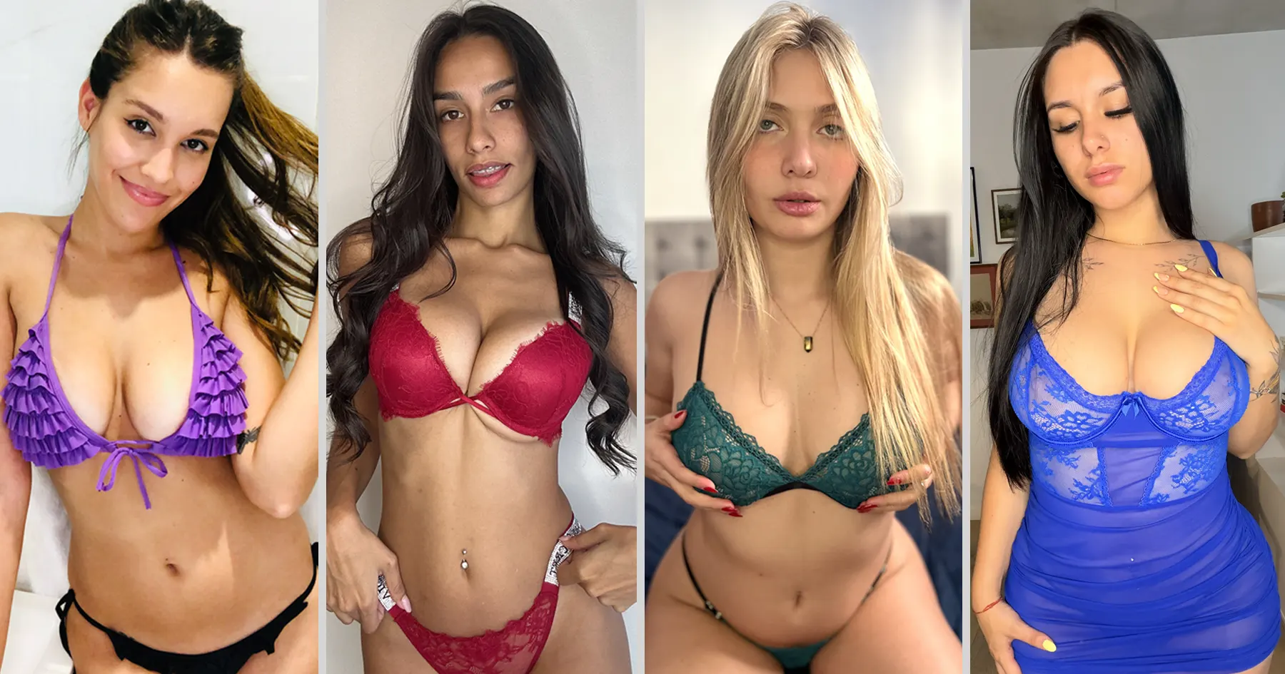 Collage of four OnlyFans models posing in colorful lingerie and bikinis, featuring brunette and blonde women with different body types and styles