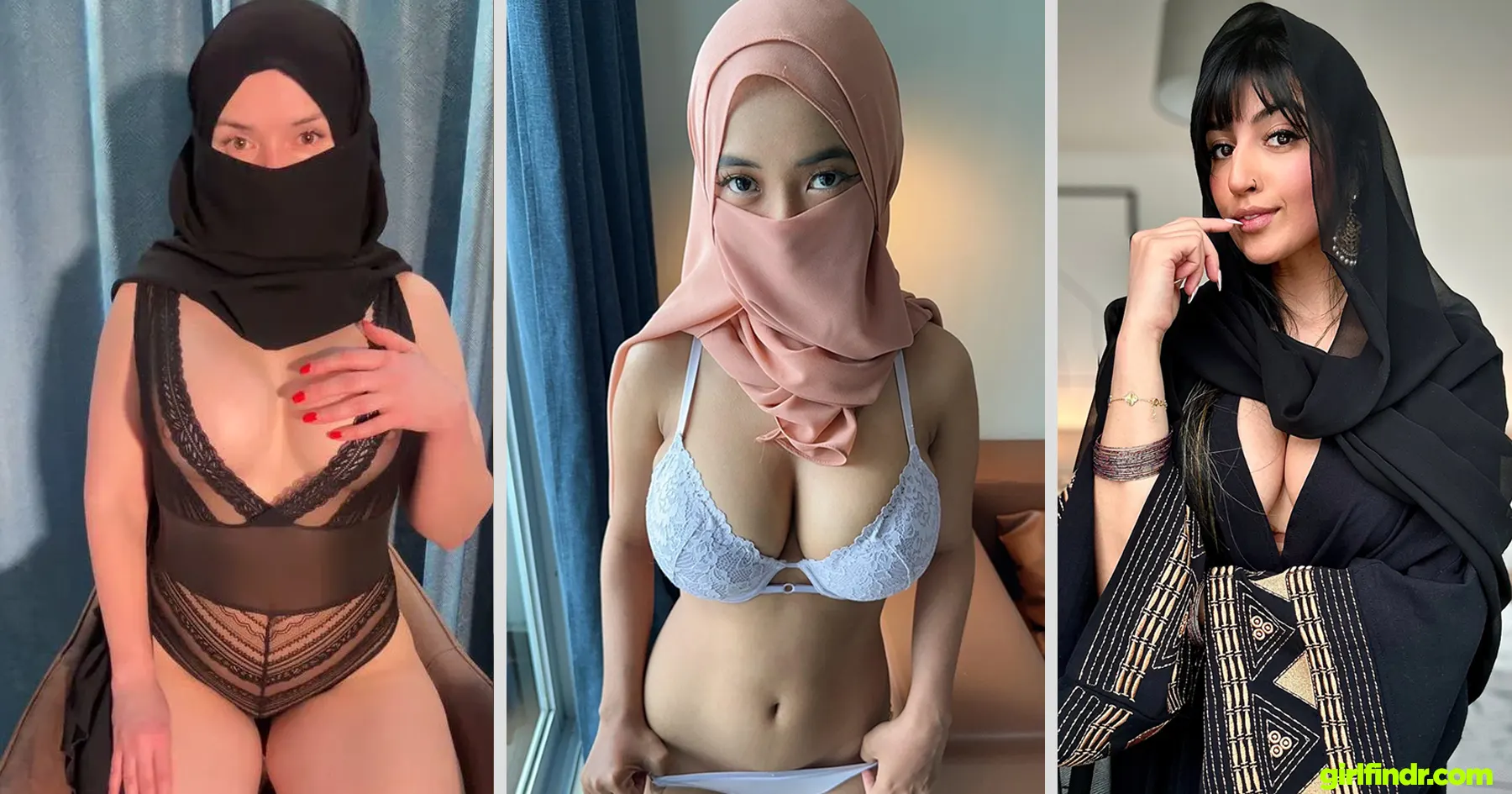 Collage of Arab OnlyFans models wearing hijabs, veils and lingerie in black, white and pink outfits while posing for selfies and portraits