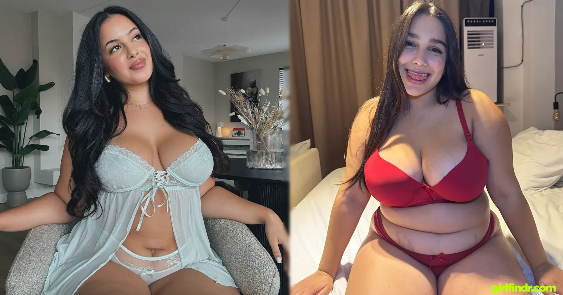Collage of curvy OnlyFans models wearing white and red lingerie while posing indoors with confident smiles and natural body shapes