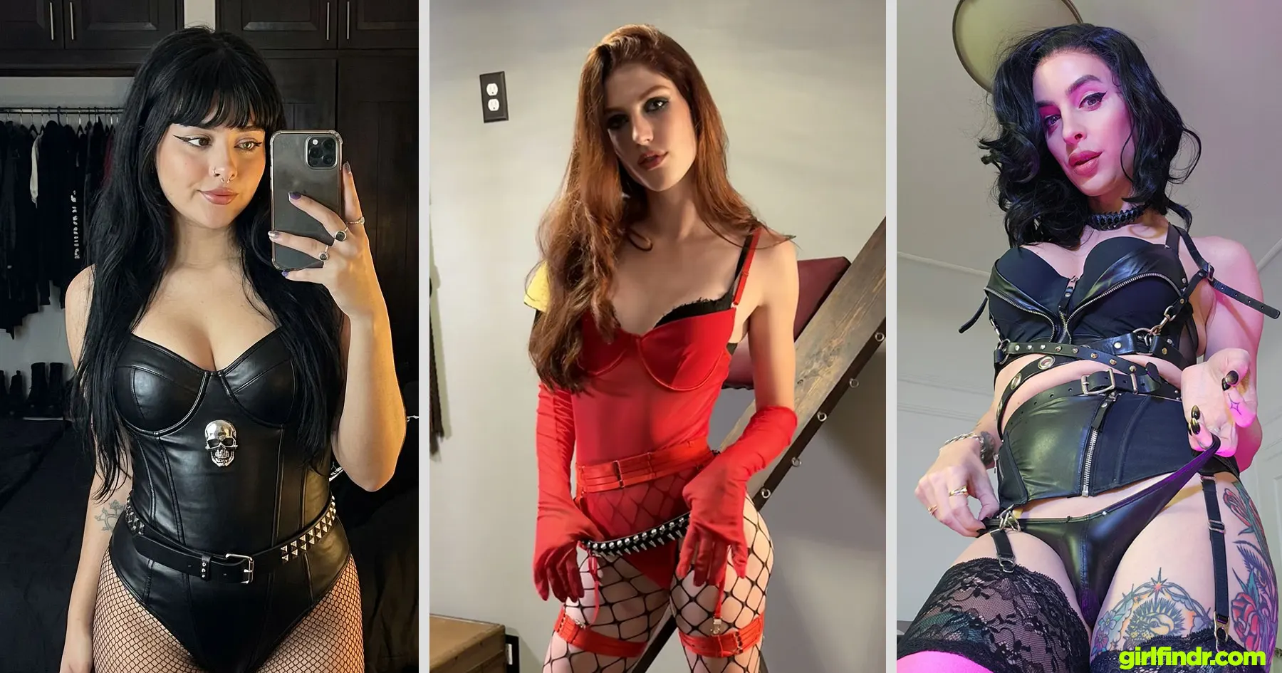 Collage of OnlyFans models wearing leather bodysuits, fishnet stockings, harness lingerie and fetish-inspired outfits