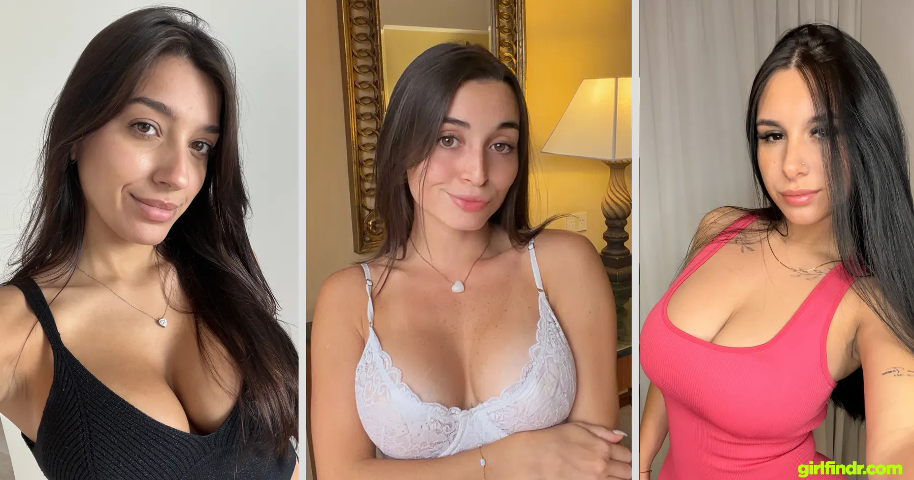 Collage of brunette OnlyFans models with natural makeup, long dark hair and soft girlfriend experience style selfies in black, white and pink tops